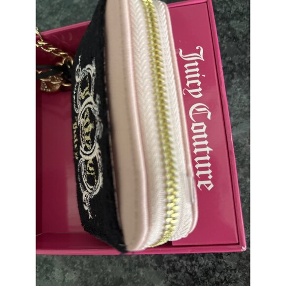 Juicy Couture Black Pink Velvet Crown Embroidered Coin Purse Gold Chain Charm - Picture 8 of 13